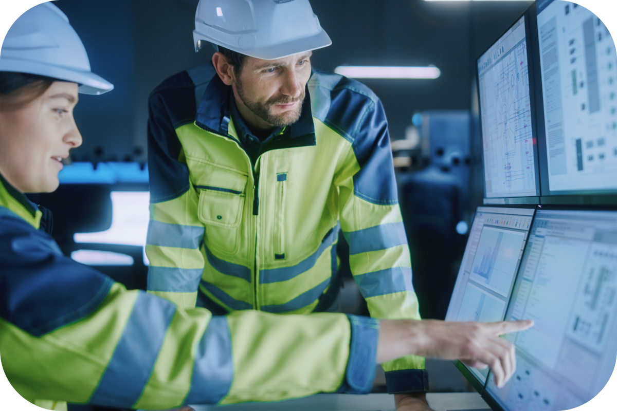 Two workers pointing to the computer screen, where there is important industry data